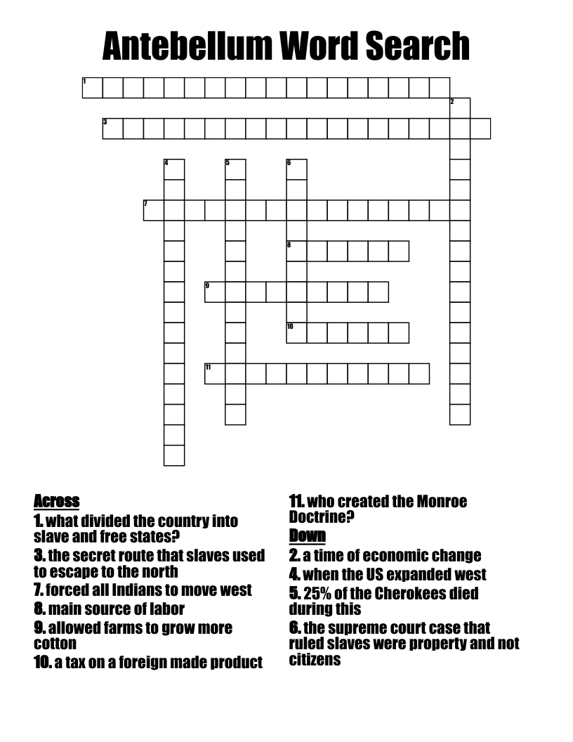 Antebellum Word Search Crossword