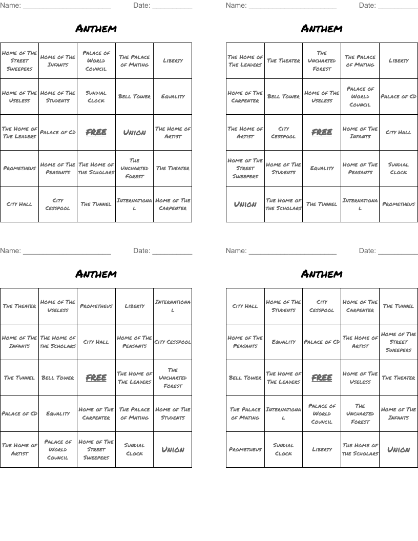 Anthem Bingo Cards