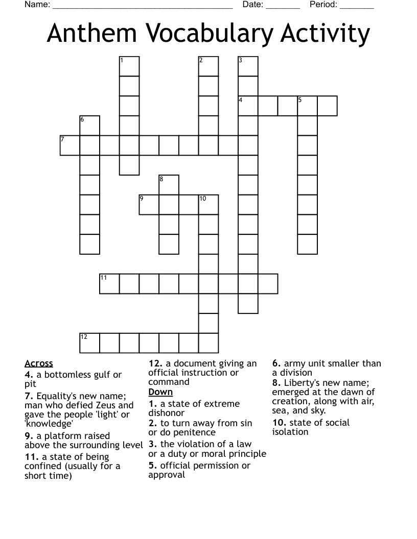 Anthem Vocabulary Activity Crossword