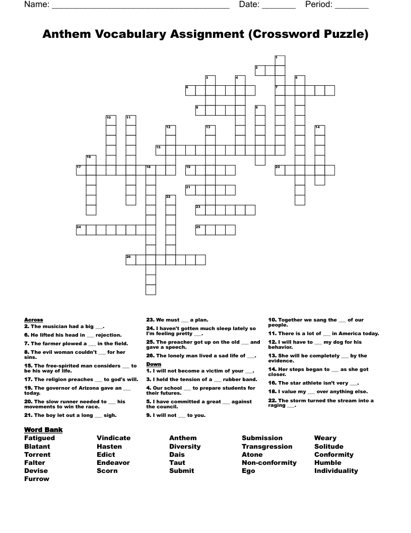 Anthem Vocabulary Assignment (Crossword Puzzle)