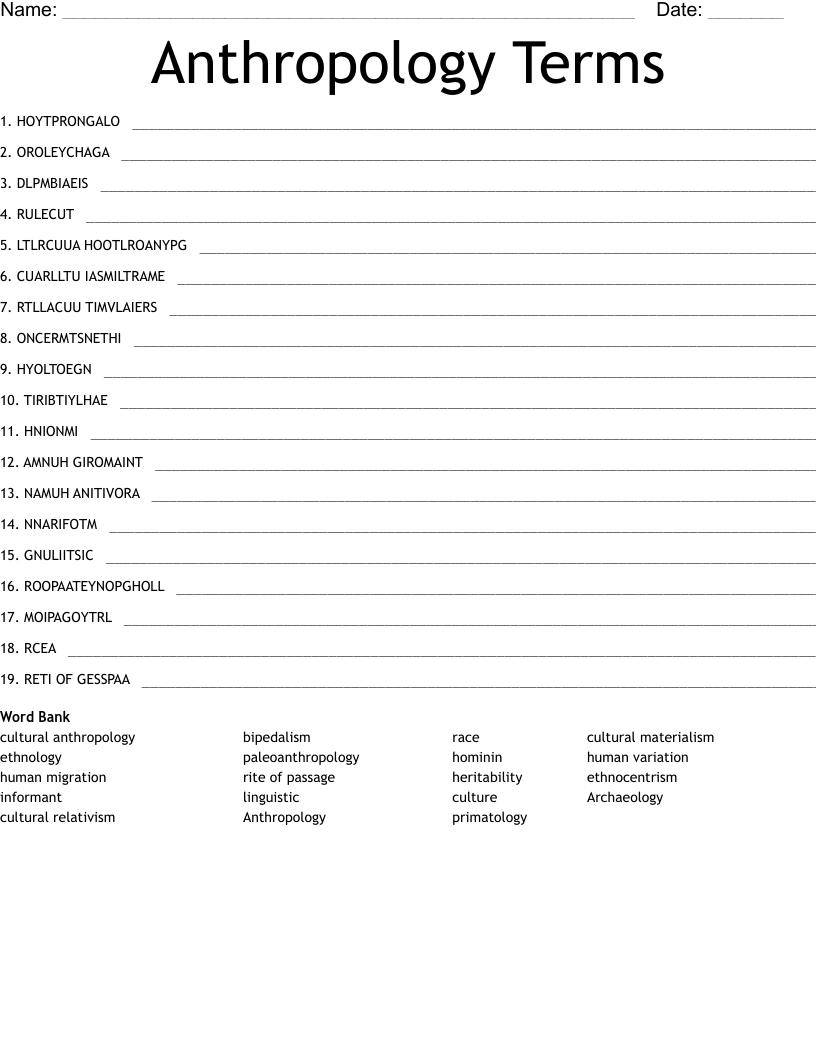 Anthropology Terms Word Scramble