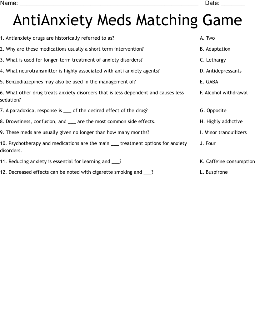 AntiAnxiety Meds Matching Game Worksheet