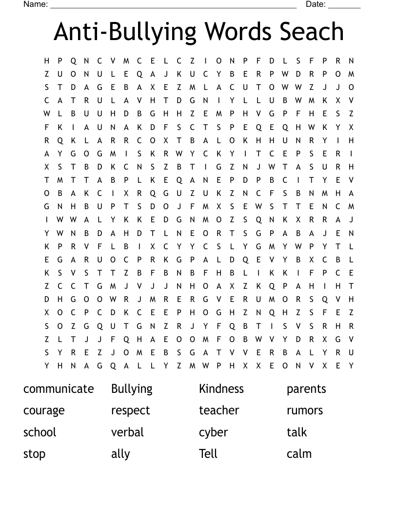 Anti-Bullying Words Seach Word Search