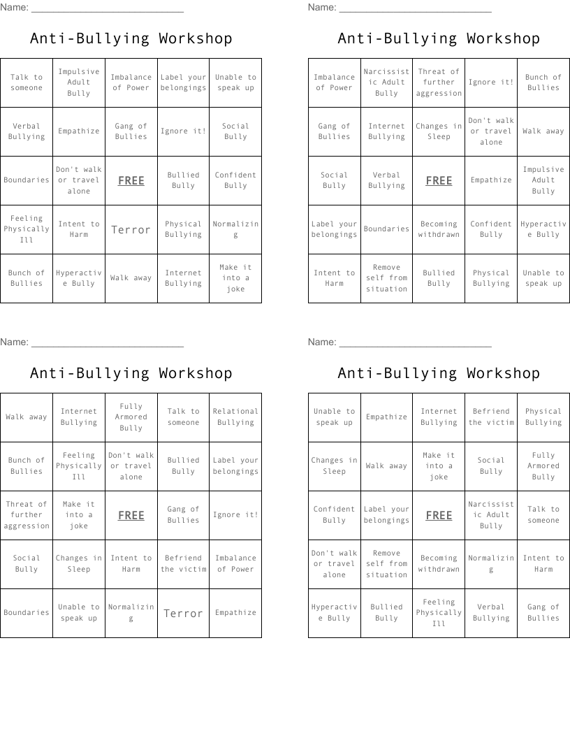 Anti-Bullying Workshop Bingo Cards