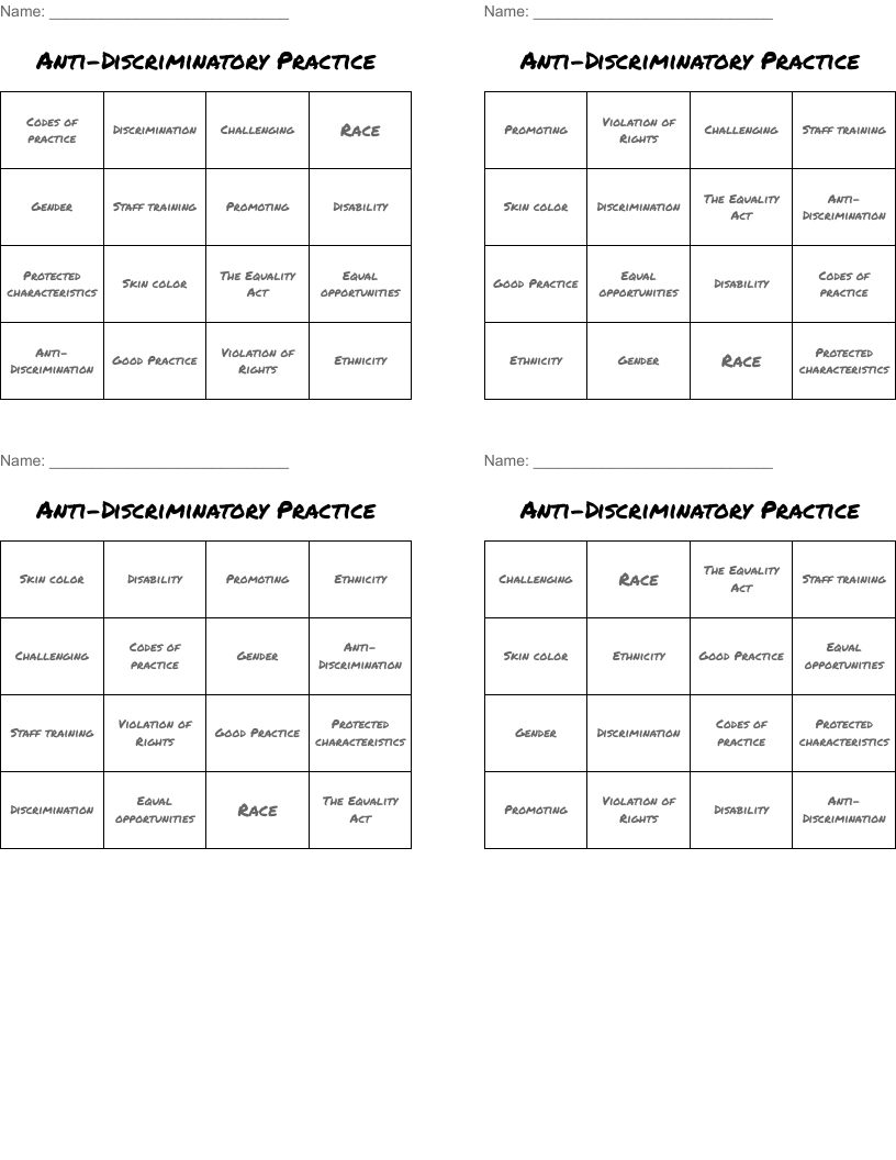 Anti-Discriminatory Practice  Bingo Cards