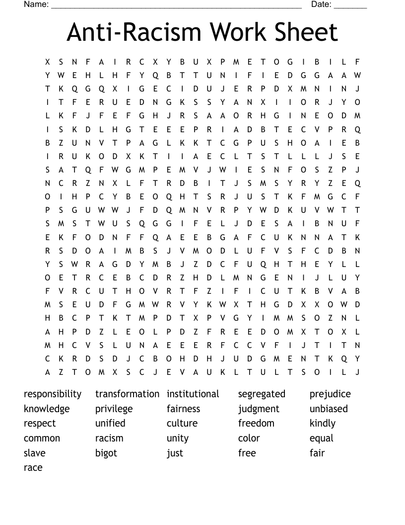 Anti-Racism Work Sheet Word Search