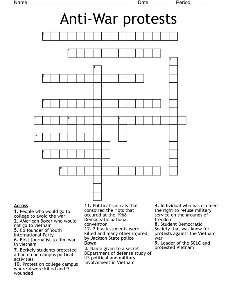 Anti-War protests Crossword