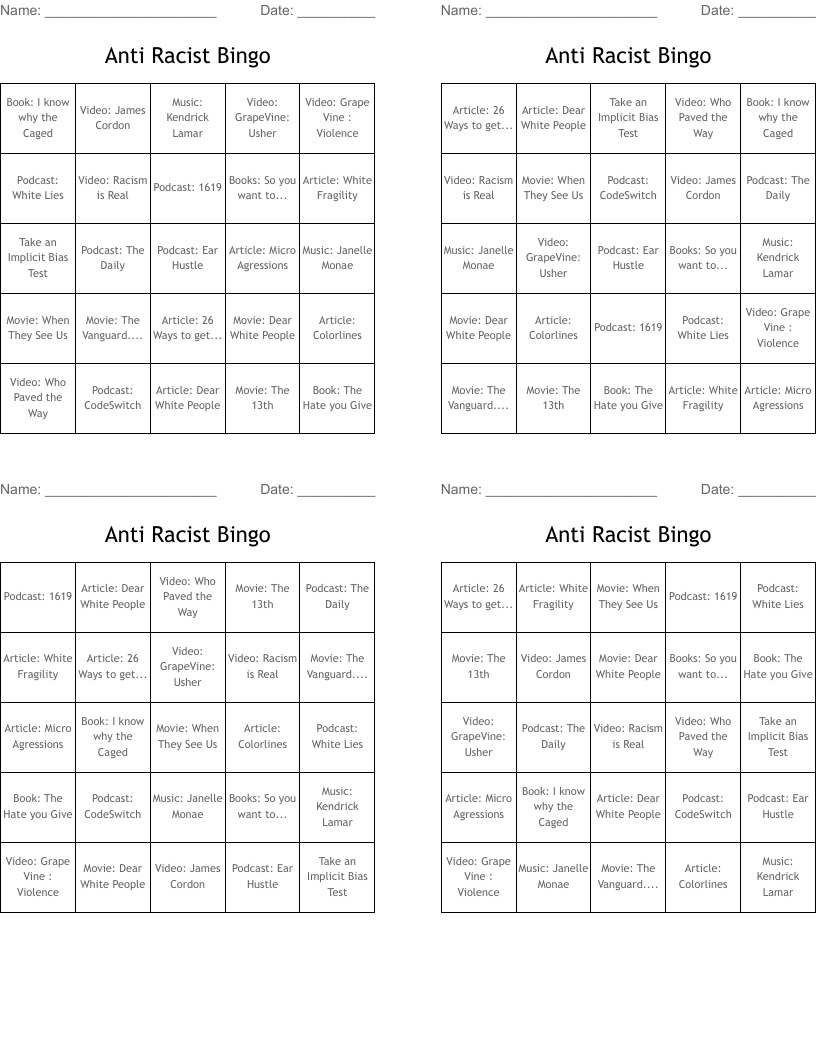 Anti Racist Bingo 