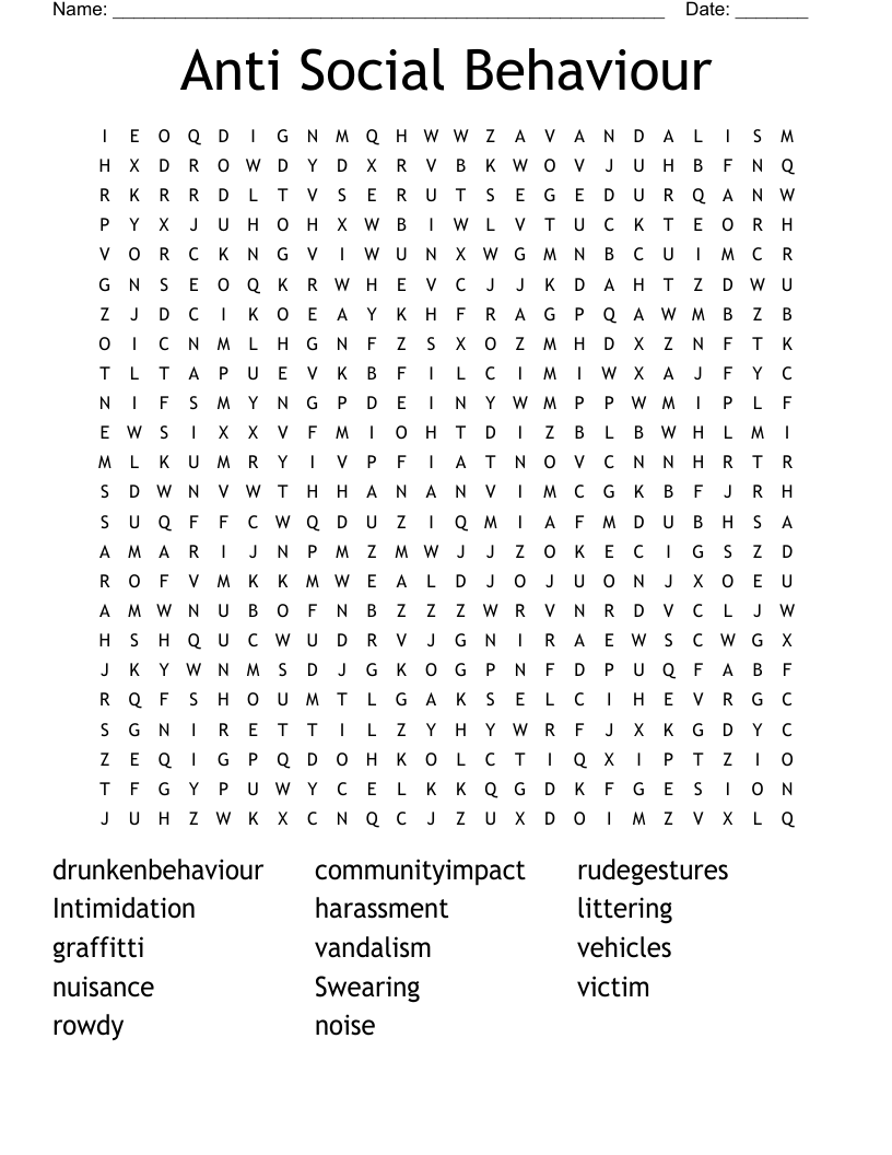 Anti Social Behaviour Word Search