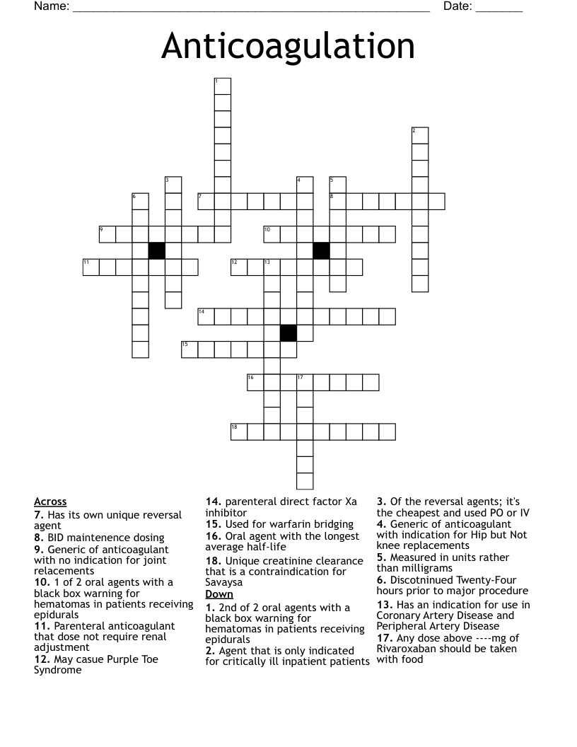 Anticoagulation Crossword