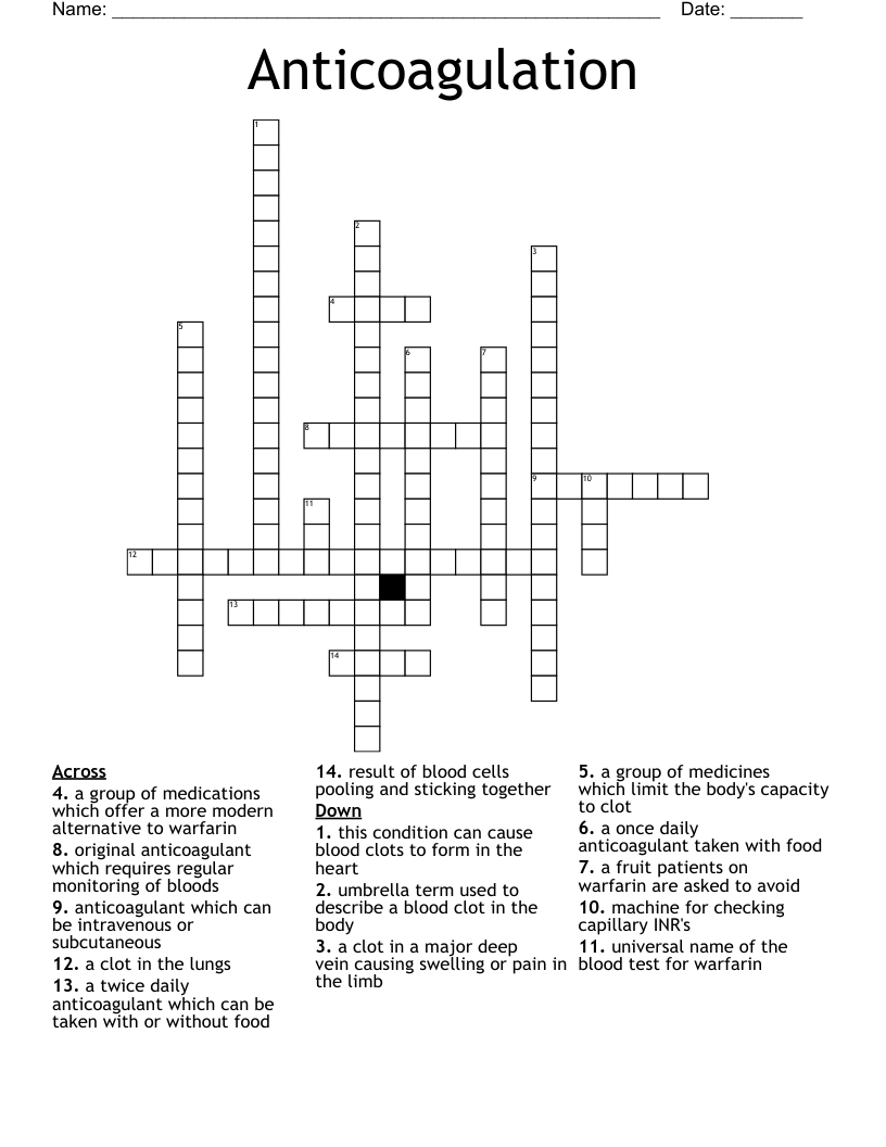 Anticoagulation Crossword