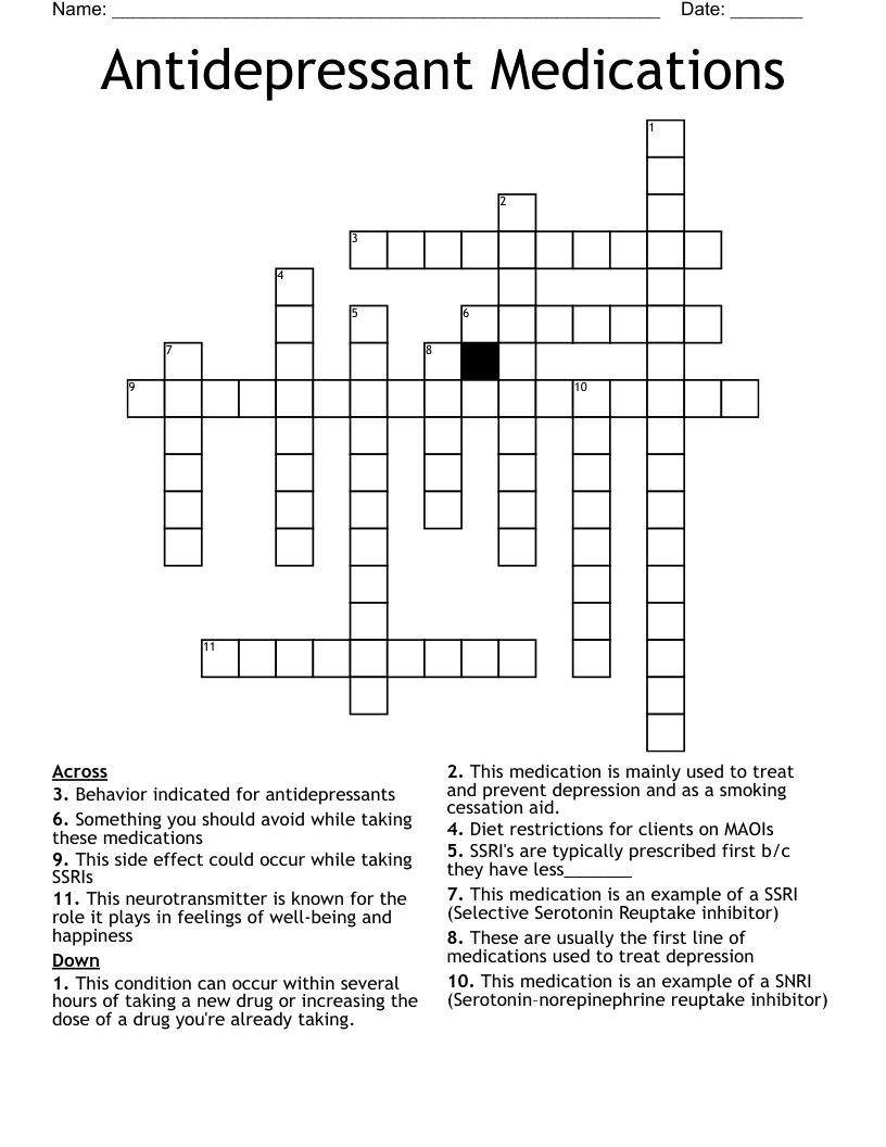 Antidepressant Medications  Crossword