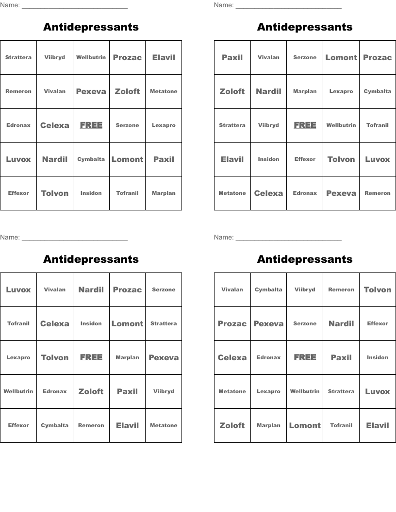 Antidepressants  Bingo Cards