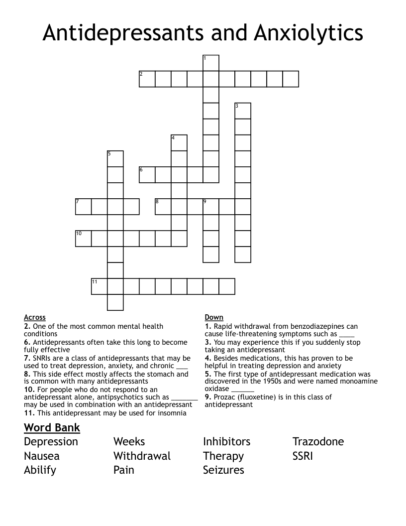 Antidepressants and Anxiolytics Crossword