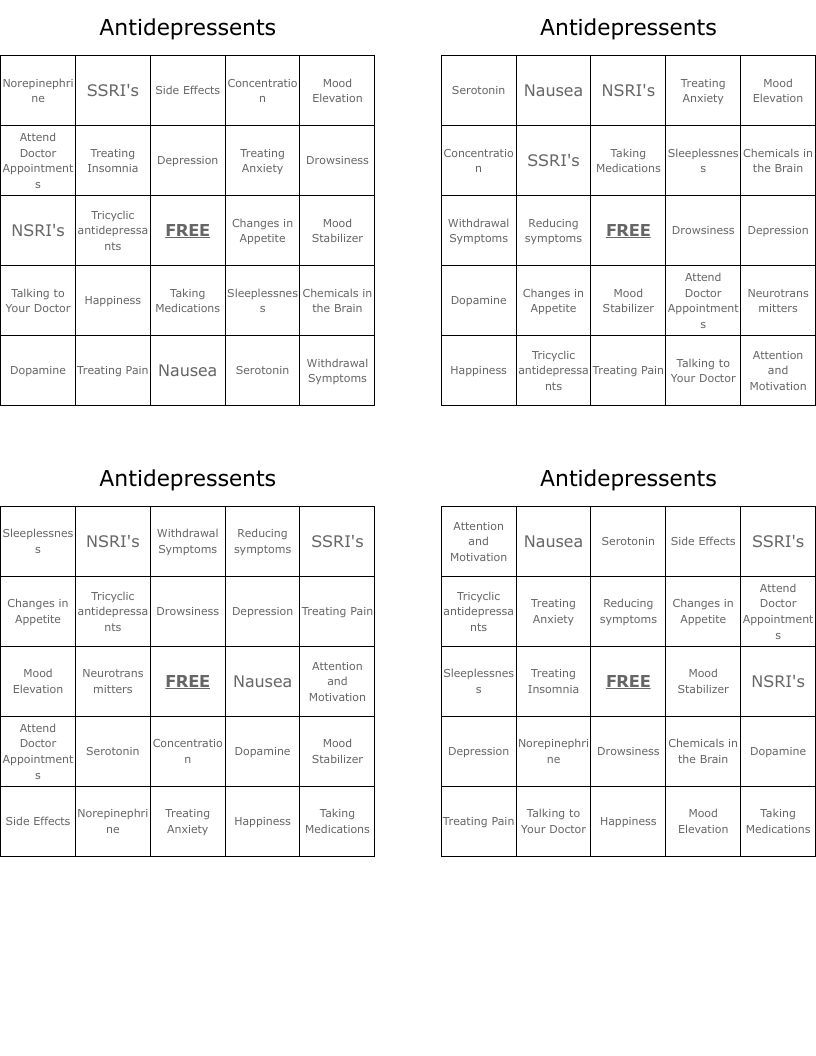 Antidepressents Bingo Cards