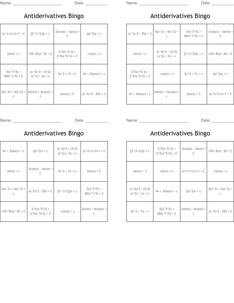Antiderivatives Bingo