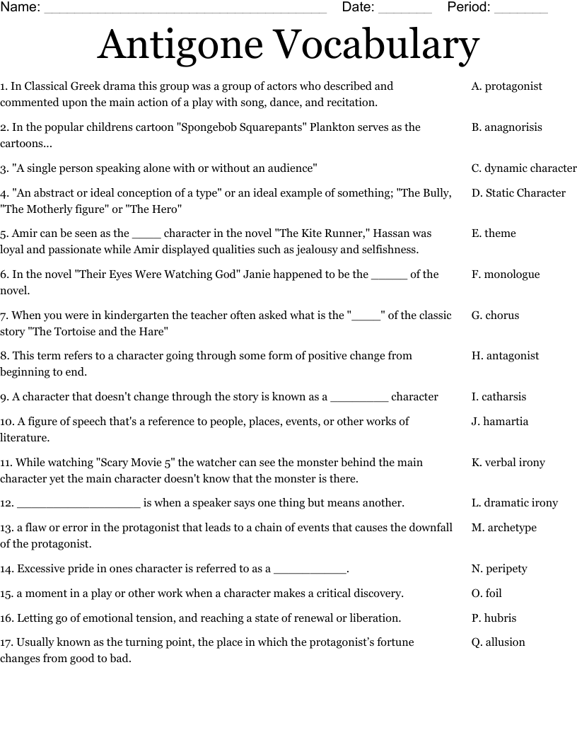 Antigone Vocabulary Worksheet