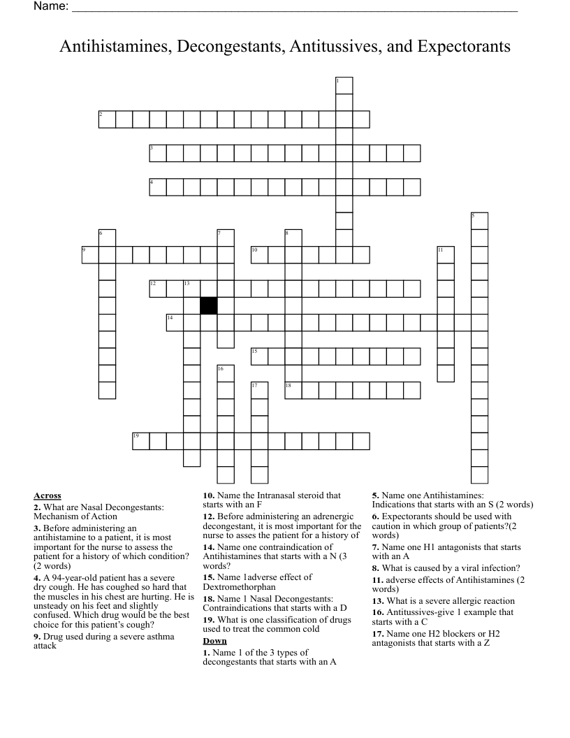 Antihistamines, Decongestants, Antitussives, and Expectorants Crossword