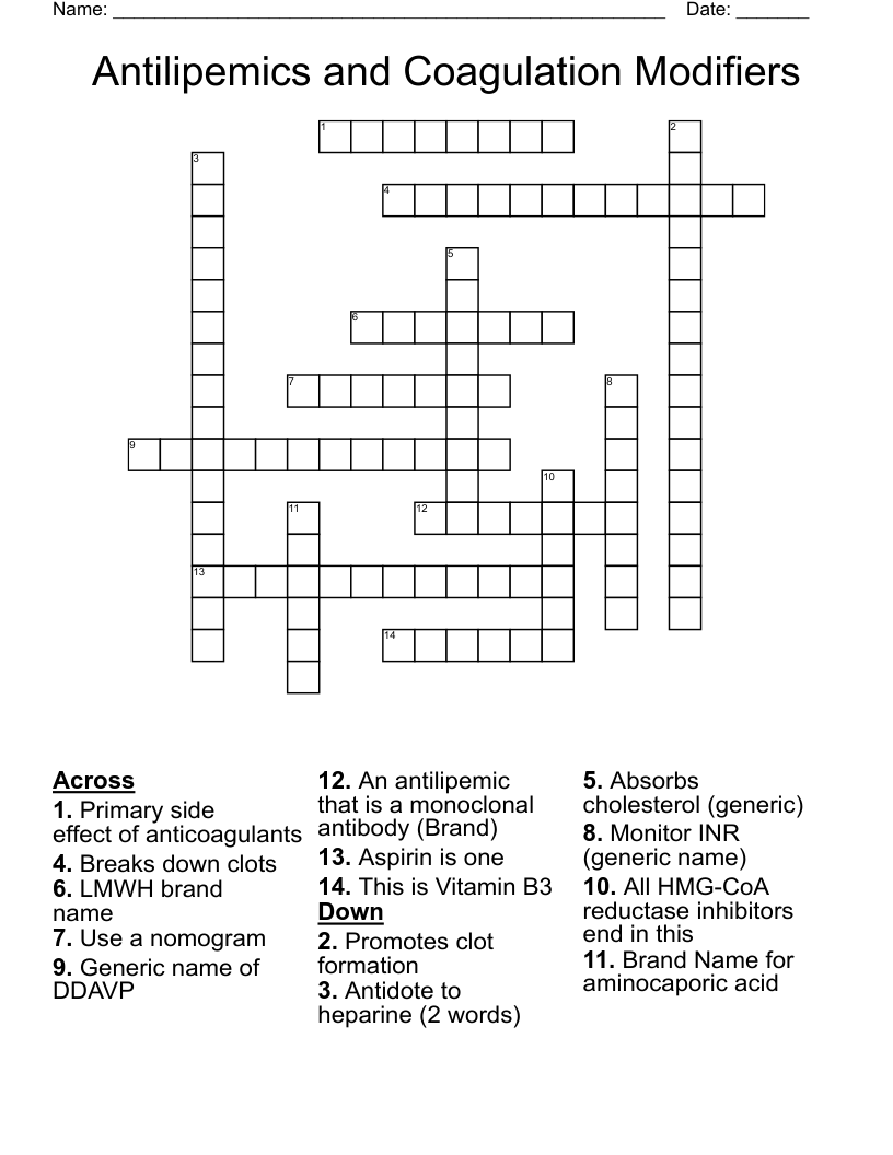 Antilipemics and Coagulation Modifiers Crossword