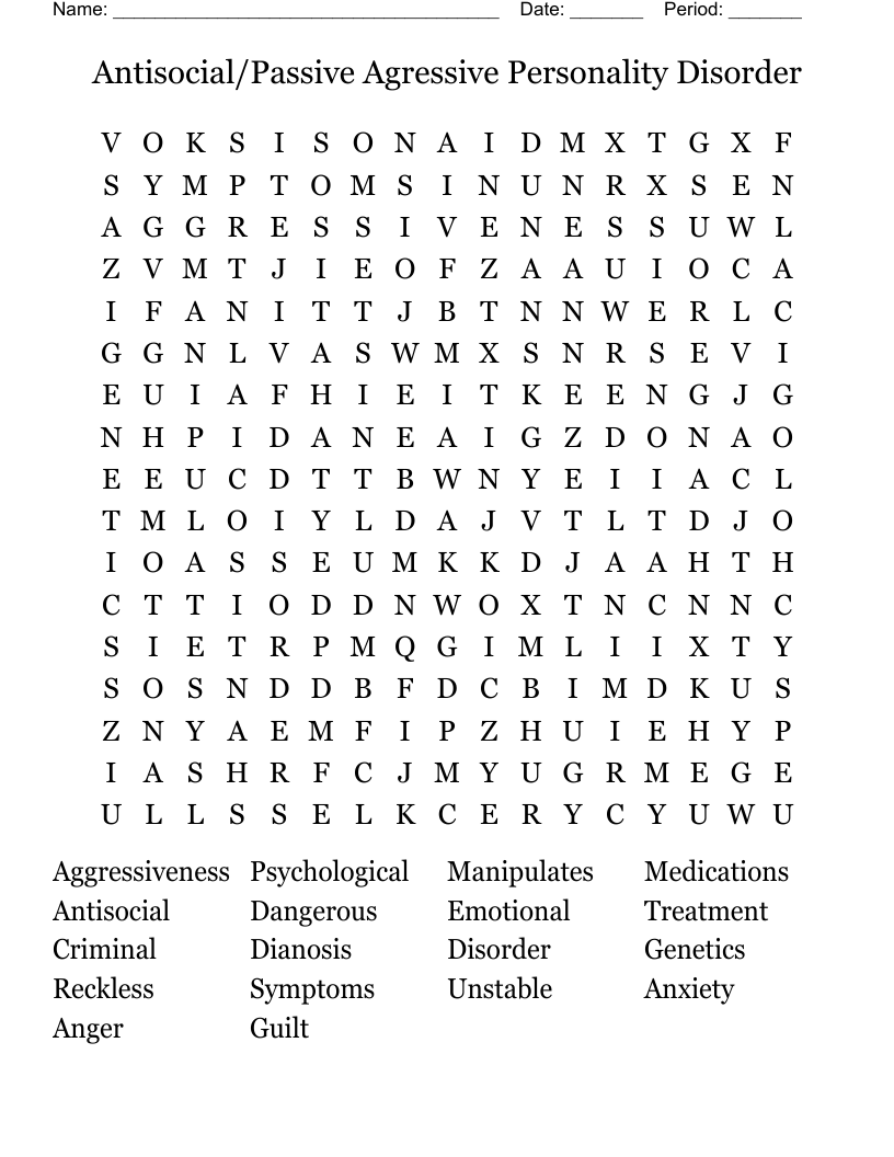 Antisocial/Passive Agressive Personality Disorder Word Search