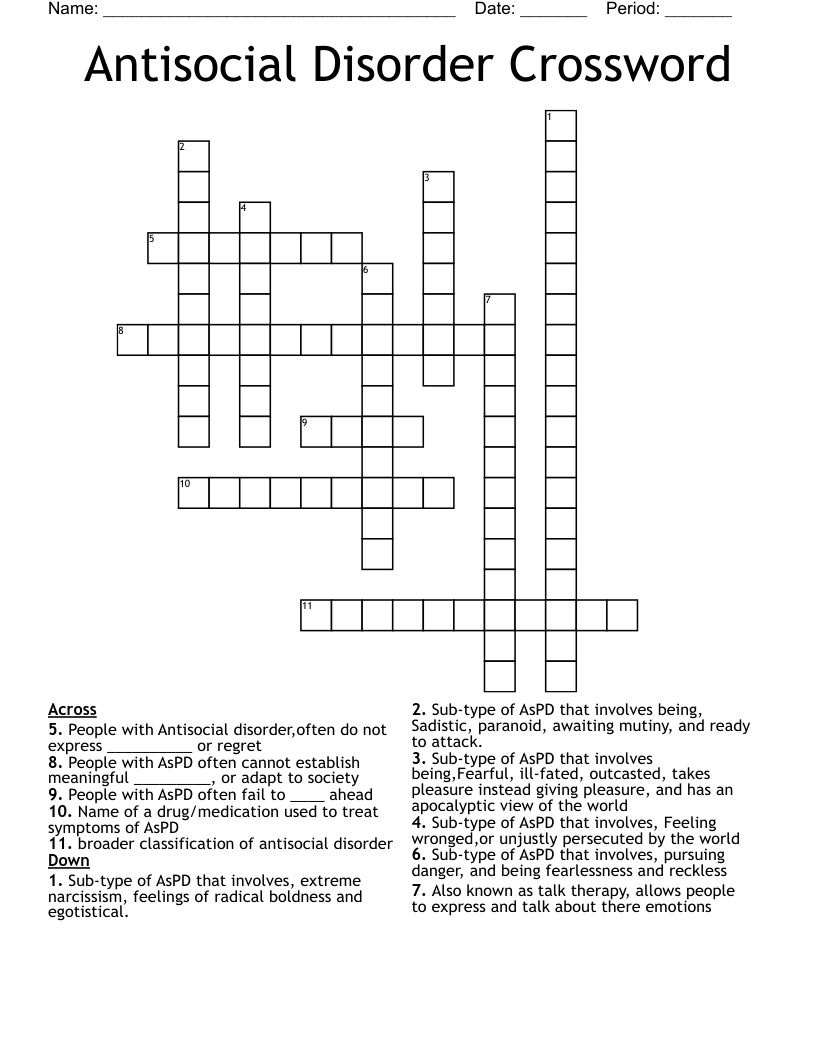 Antisocial Disorder Crossword