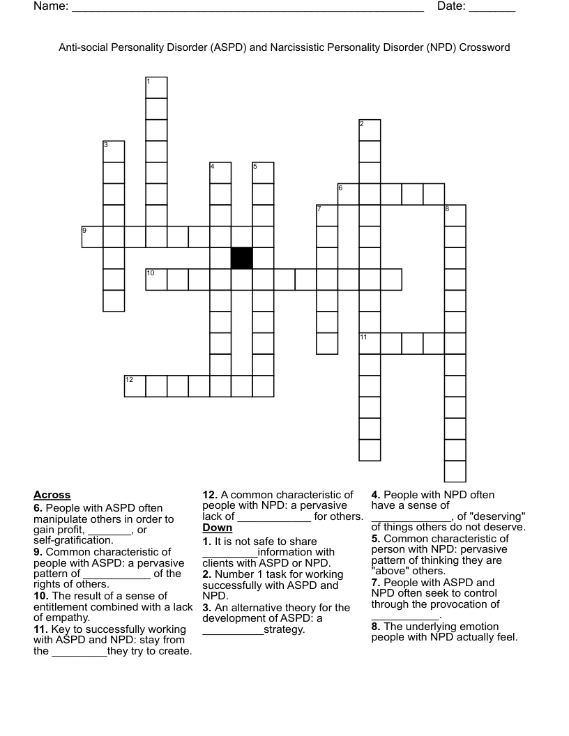 Anti-social Personality Disorder (ASPD) and Narcissistic Personality Disorder (NPD) Crossword