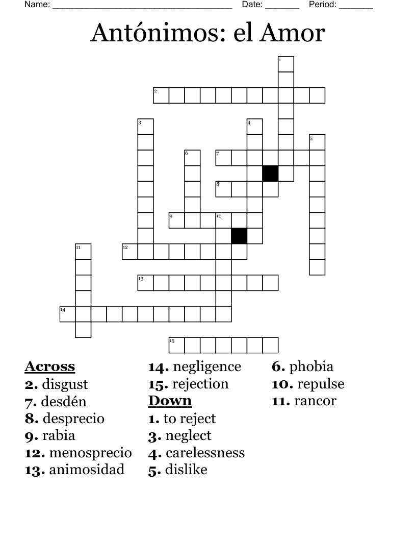 Antónimos: el Amor Crossword