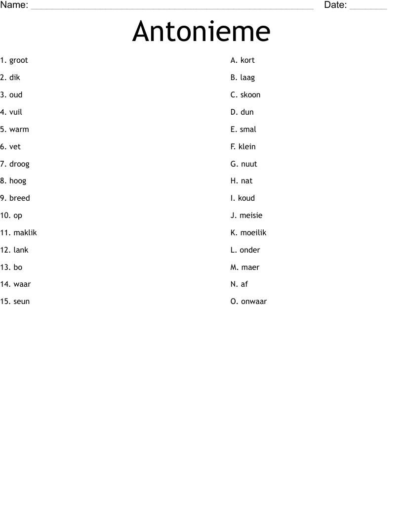 Antonieme Worksheet