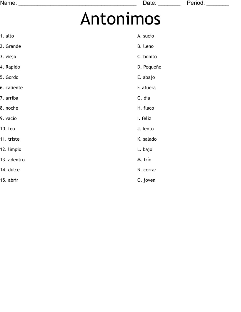 Antonimos Worksheet