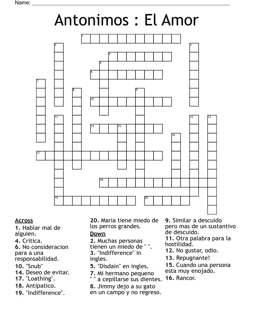 Antonimos : El Amor Crossword