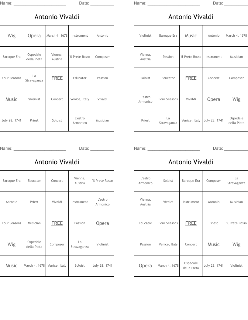 Antonio Vivaldi Bingo Cards