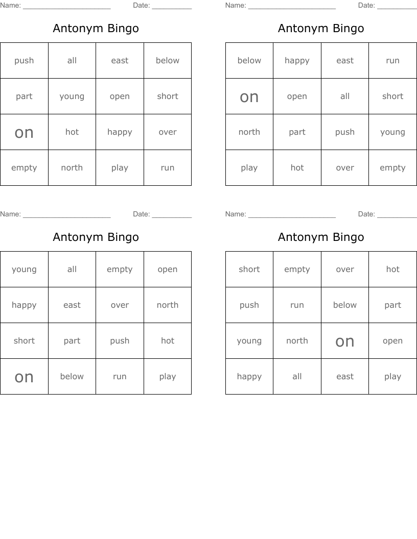 Antonym Bingo