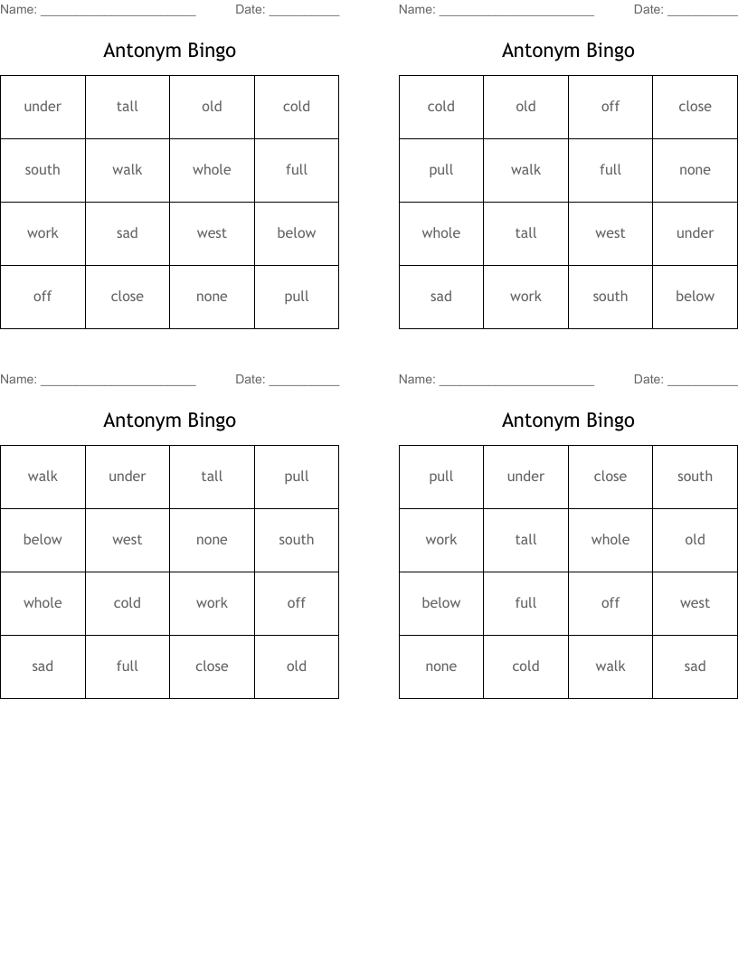 Antonym Bingo