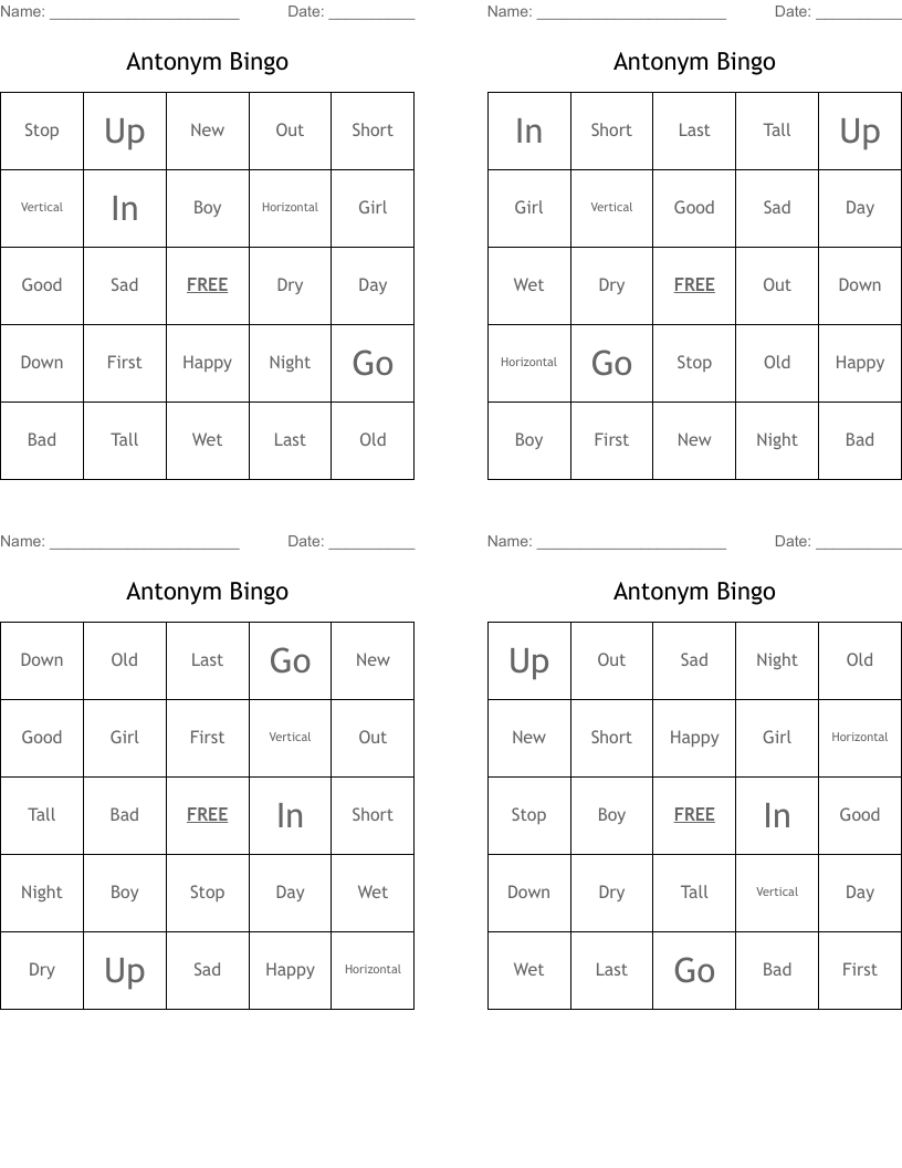 Antonym Bingo