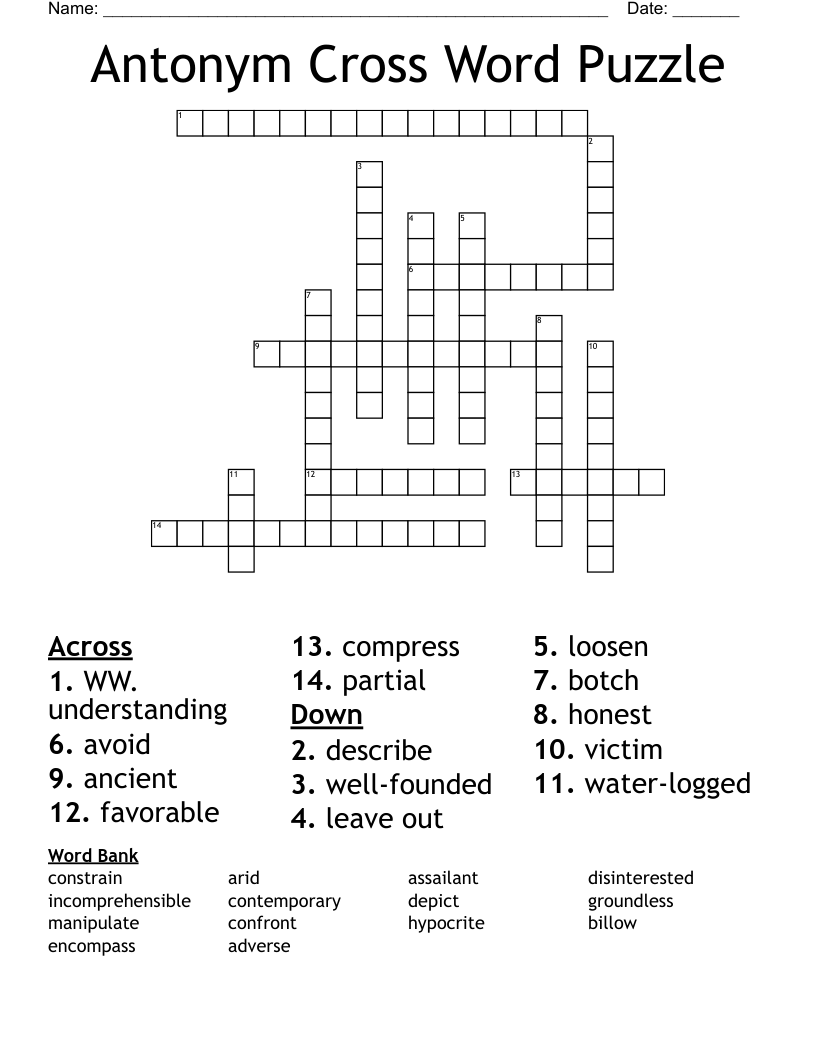 Antonym Cross Word Puzzle