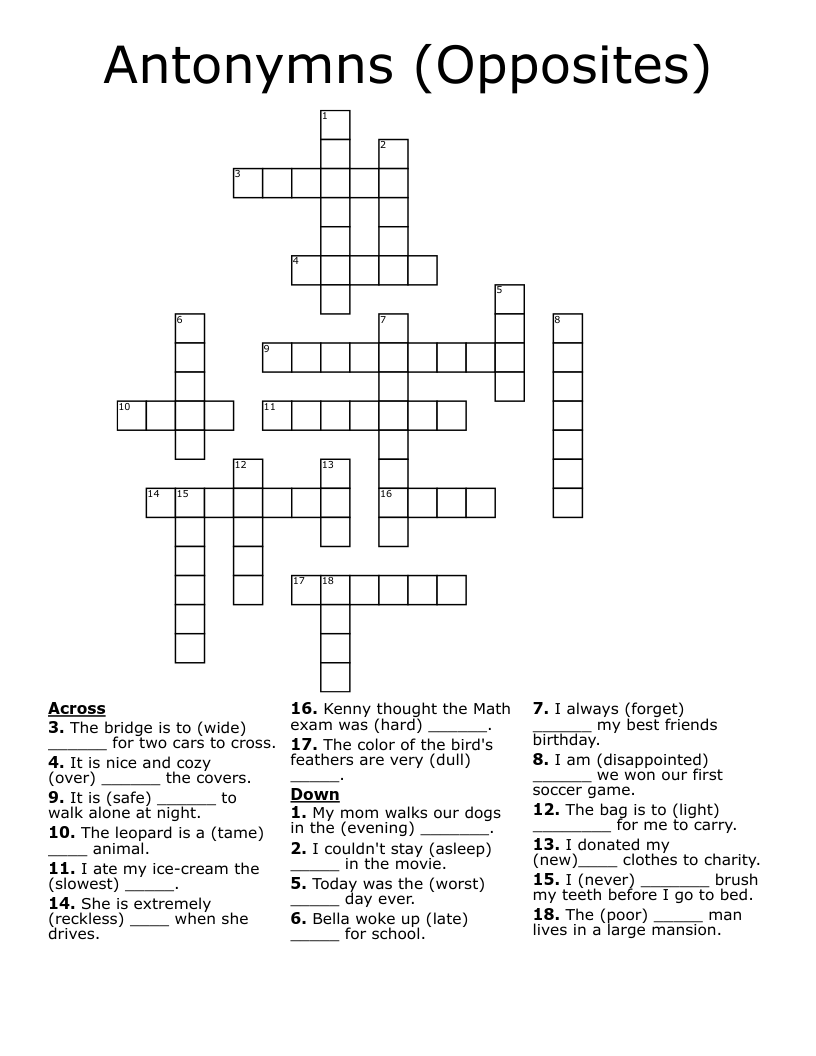 Antonymns (Opposites) Crossword