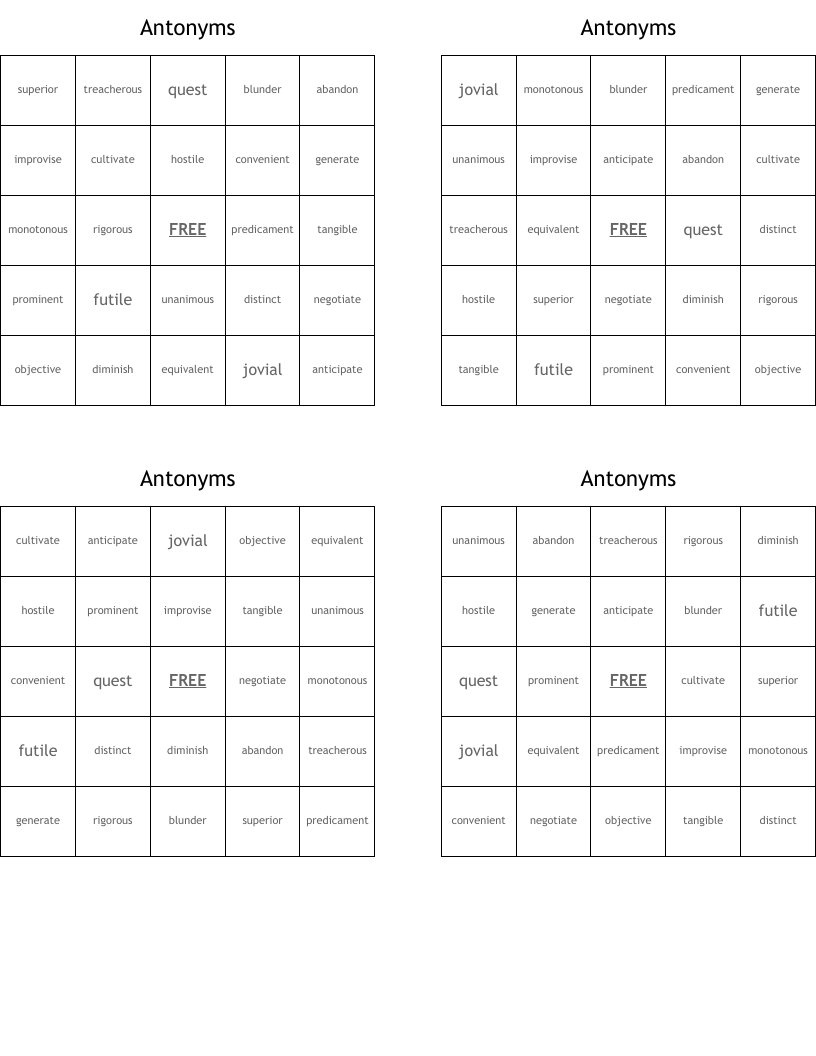 Antonyms Bingo Cards