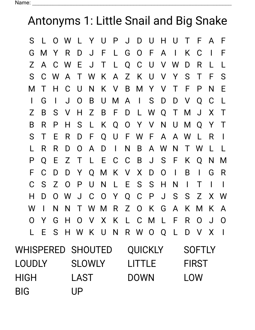 Antonyms 1: Little Snail and Big Snake  Word Search