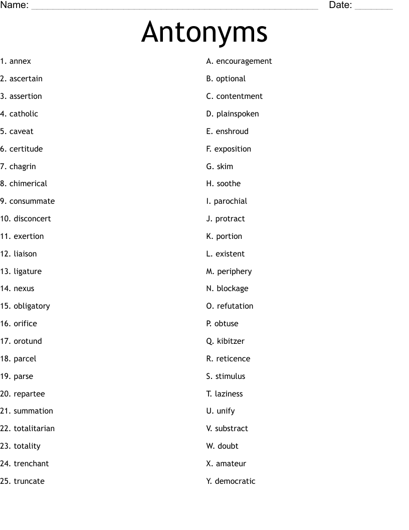 Antonyms Worksheet