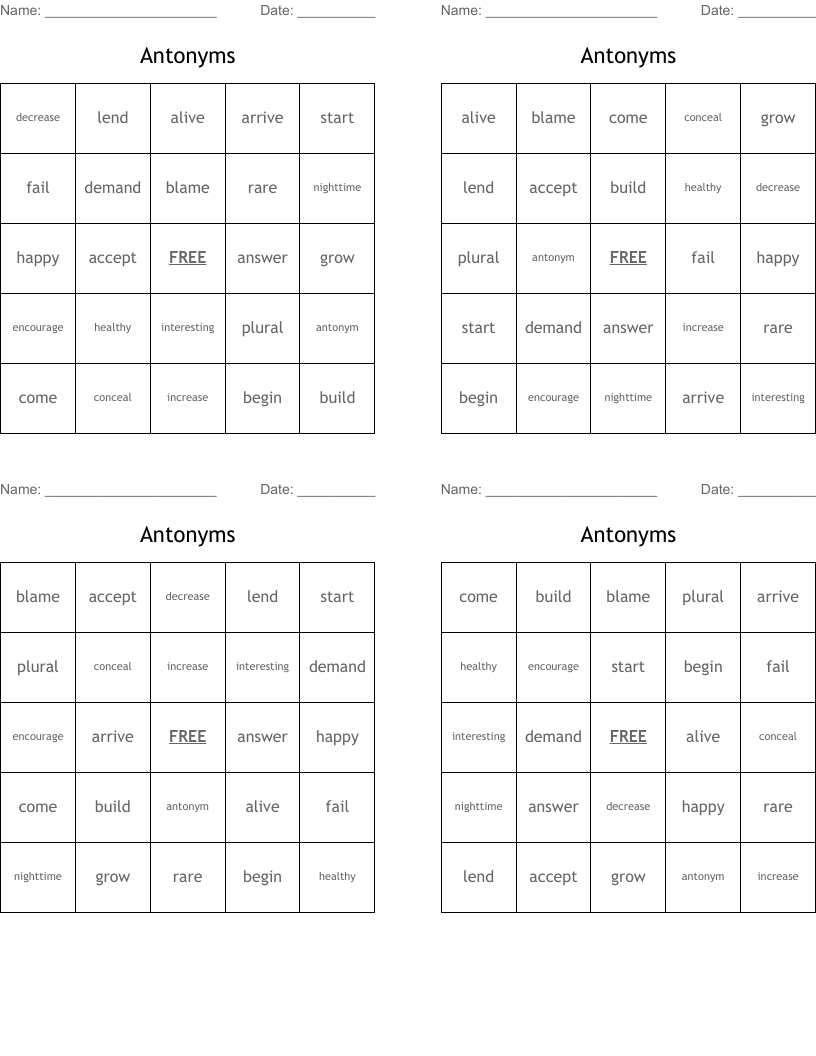 Antonyms Bingo Cards