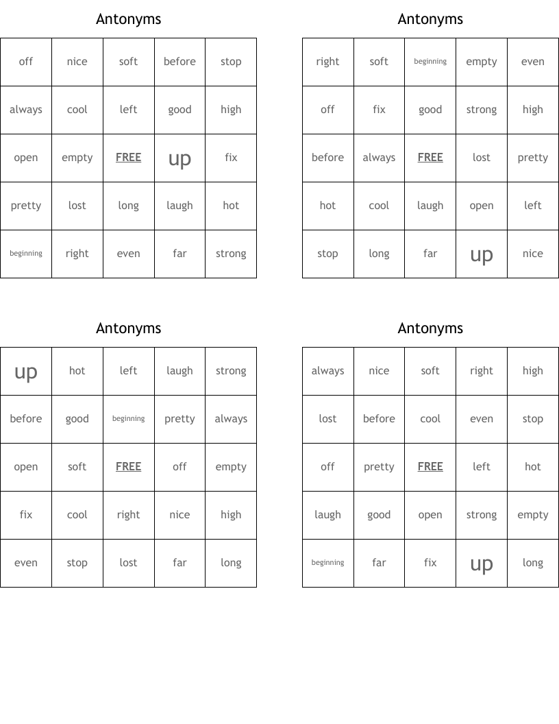 Antonyms Bingo Cards
