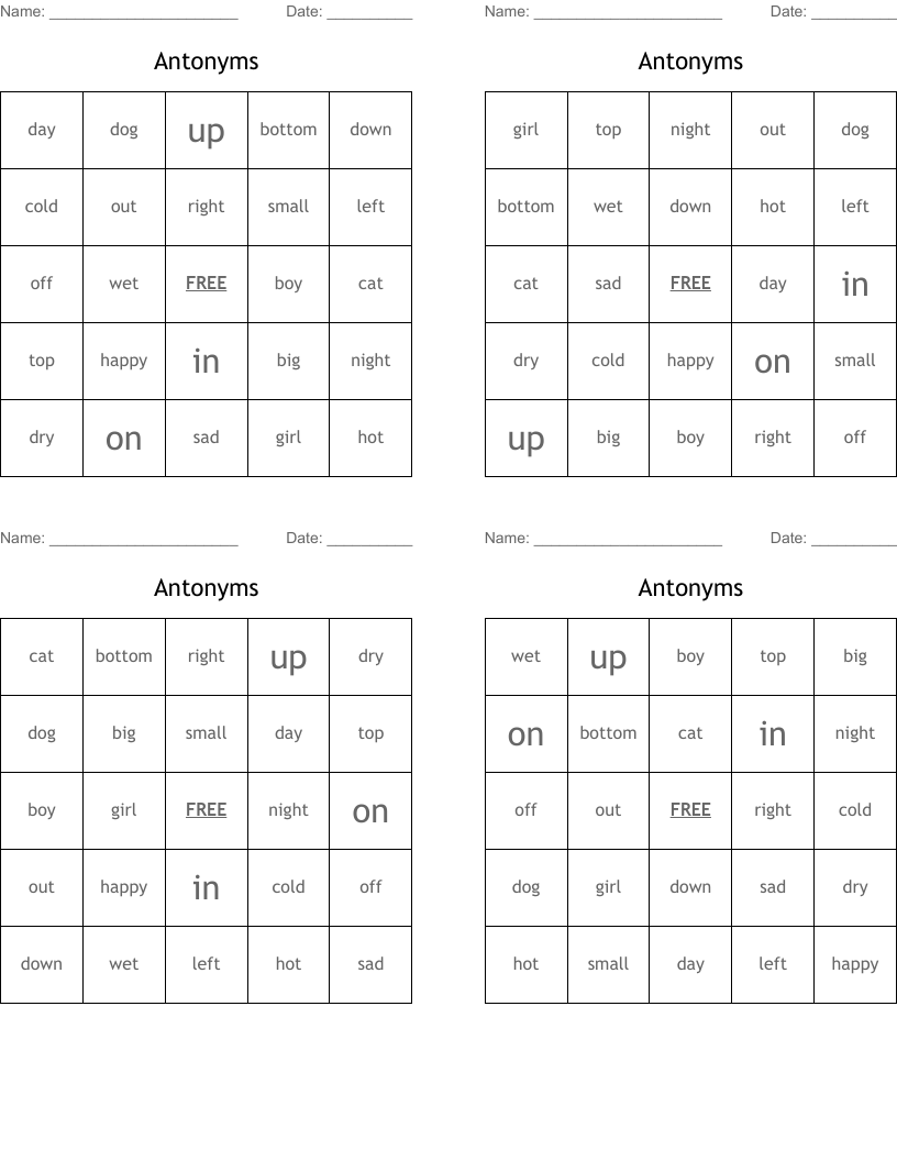 Antonyms Bingo Cards