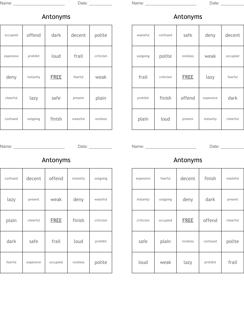 Antonyms Bingo Cards