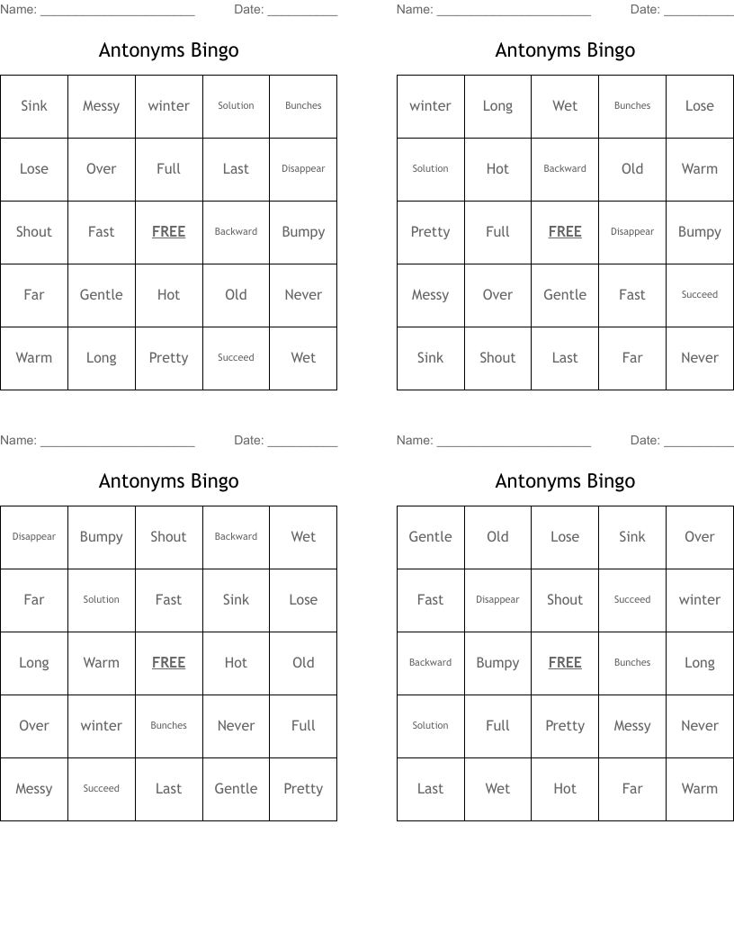 Antonyms Bingo