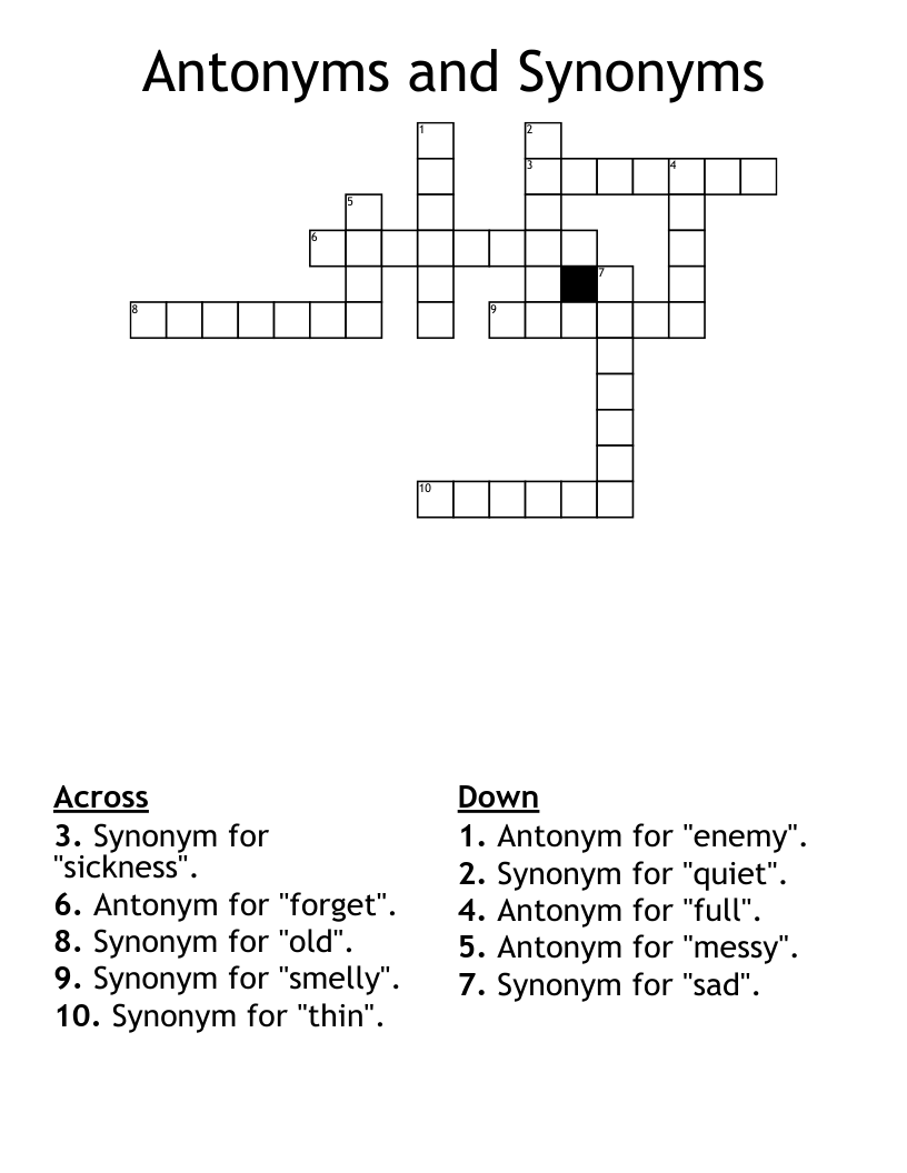 Antonyms and Synonyms Crossword