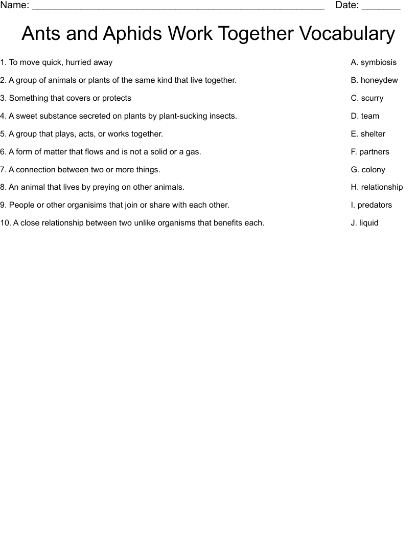 Ants and Aphids Work Together Vocabulary Worksheet