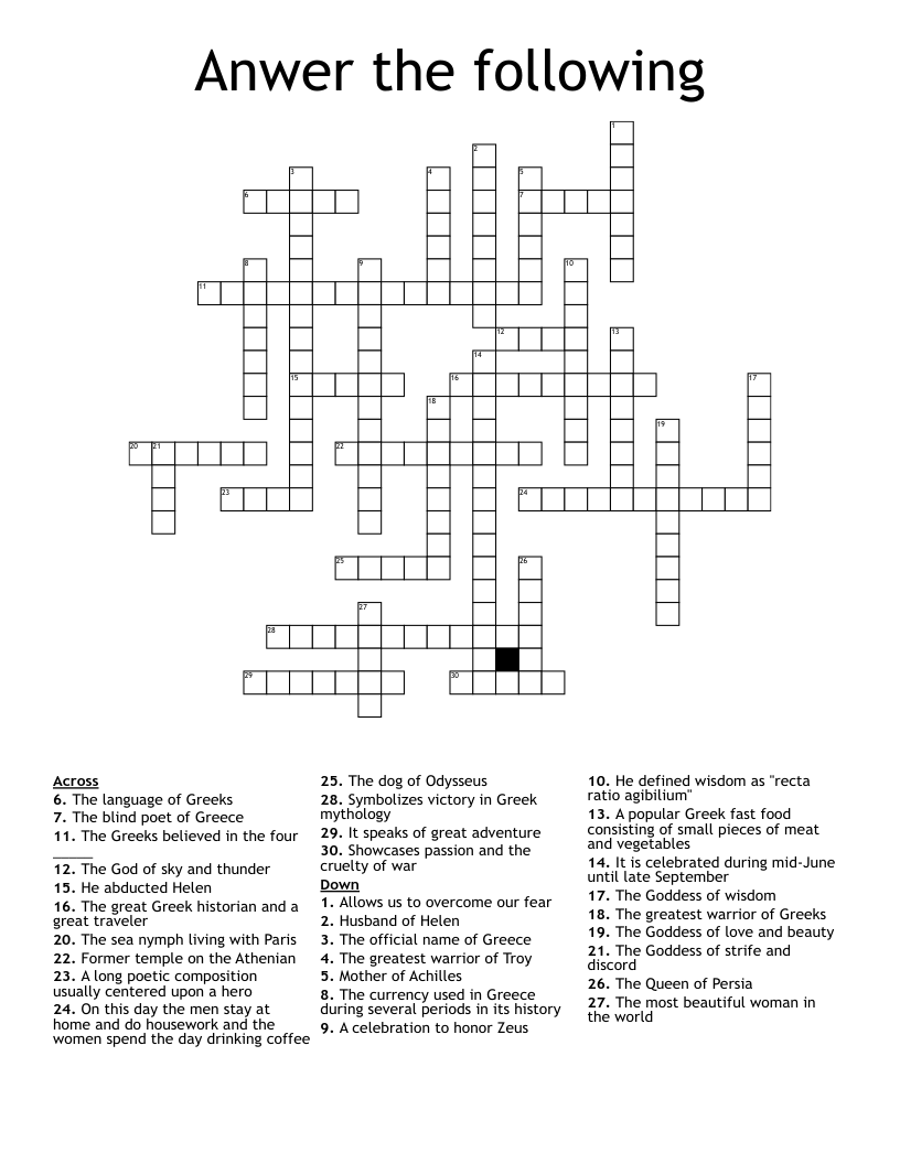 Anwer the following Crossword
