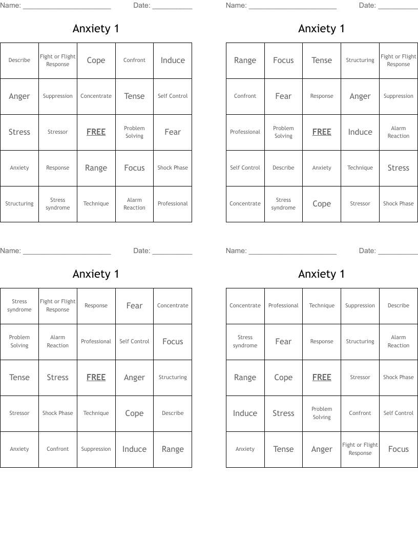 Anxiety 1 Bingo Cards