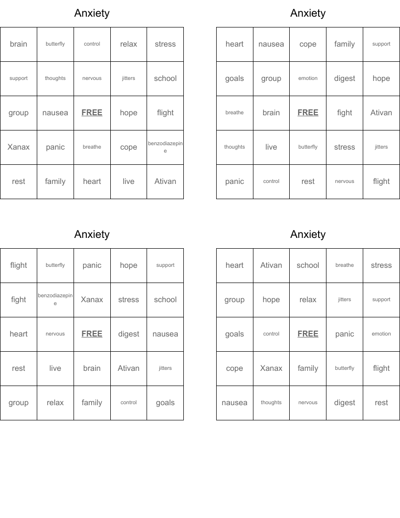 Anxiety Bingo Cards