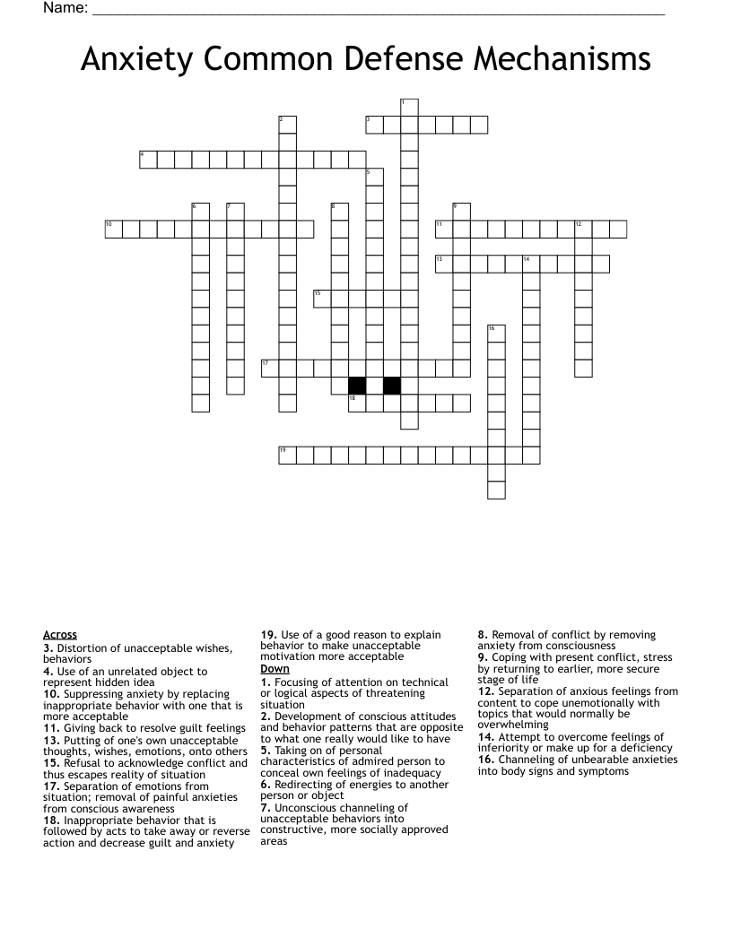 Anxiety Common Defense Mechanisms  Crossword
